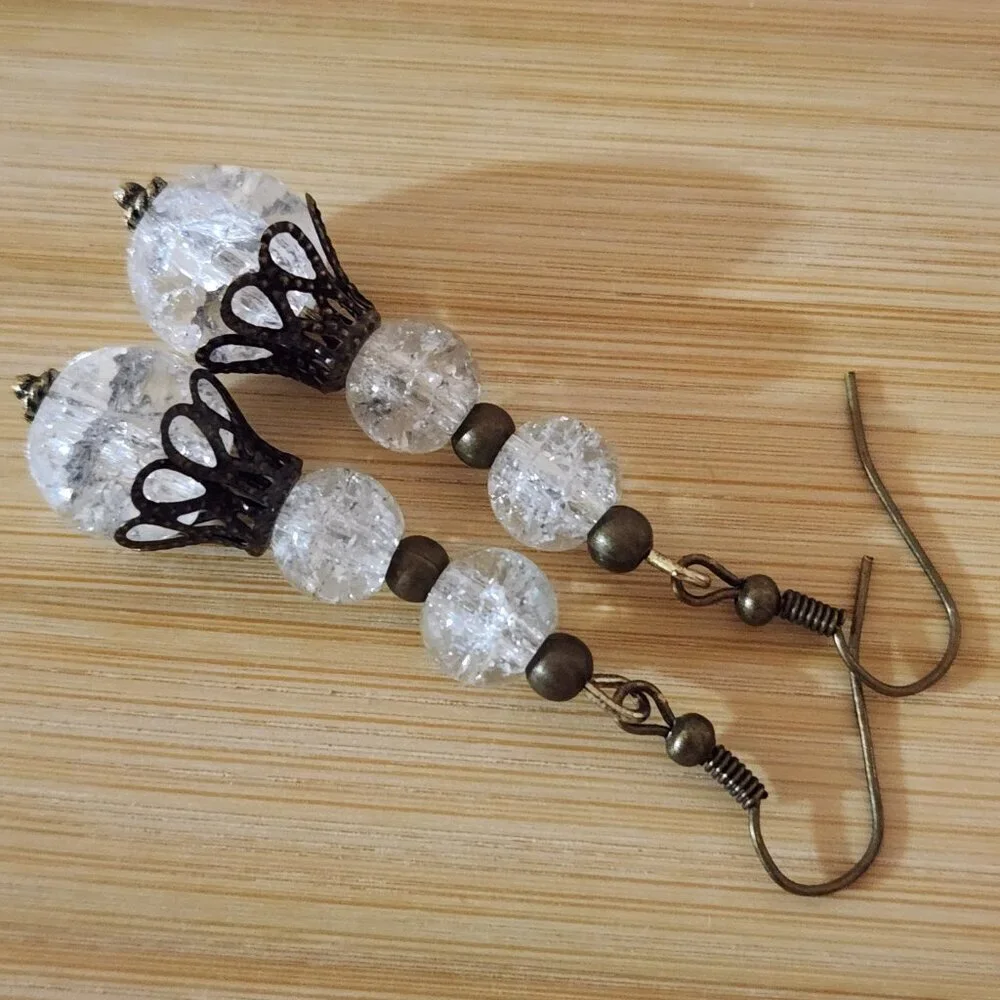 Hand Crafted Earrings Pierced Clear Bronze Beaded Dangle
